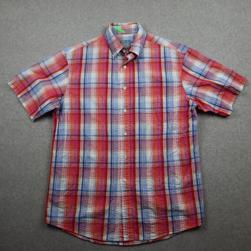 Jos. A. Bank Shirt Mens Medium Stays Cool Seersucker Button Plaid Short Sleeve